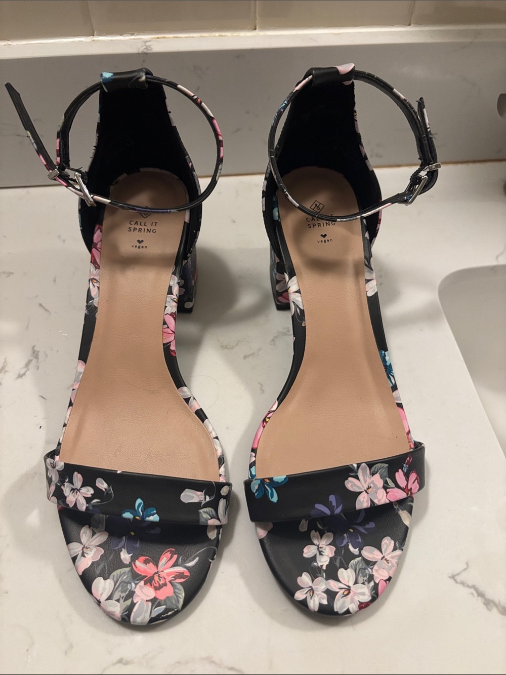 Call It Spring Black Floral Block Heel Sandals with Ankle Strap